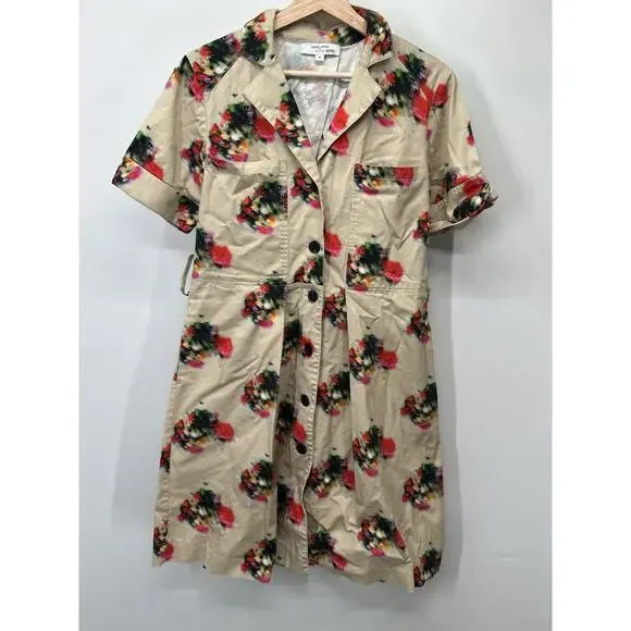 ADAM LIPPES Shirtdress Women 4 Tan Blurry Floral Print Collared Button Front - Picture 3 of 7